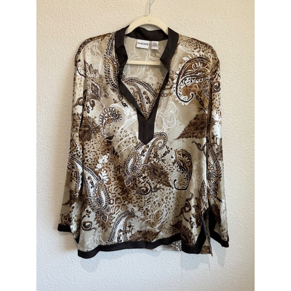 Chico's Paisley Print Silk Blend Tunic Top Blouse Size L Brown Beige Fairy